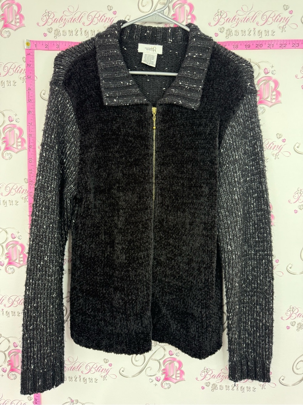 Northern Reflections sparkly Black and Charcoal Zip-Front Chenille Cardigan